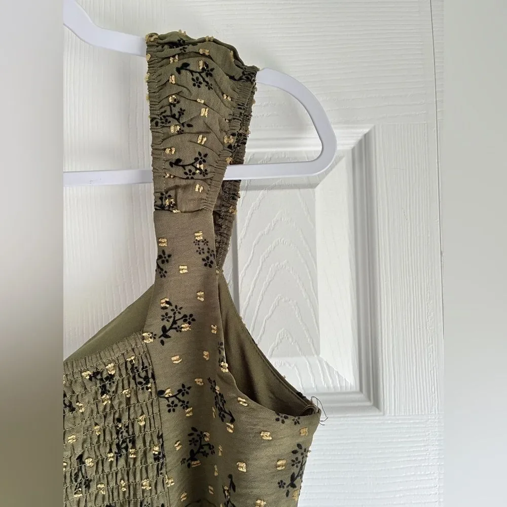 Kirious Mini Dress L Olive Green Floral Ruffle Strap Tie Front Boho Cottagecore